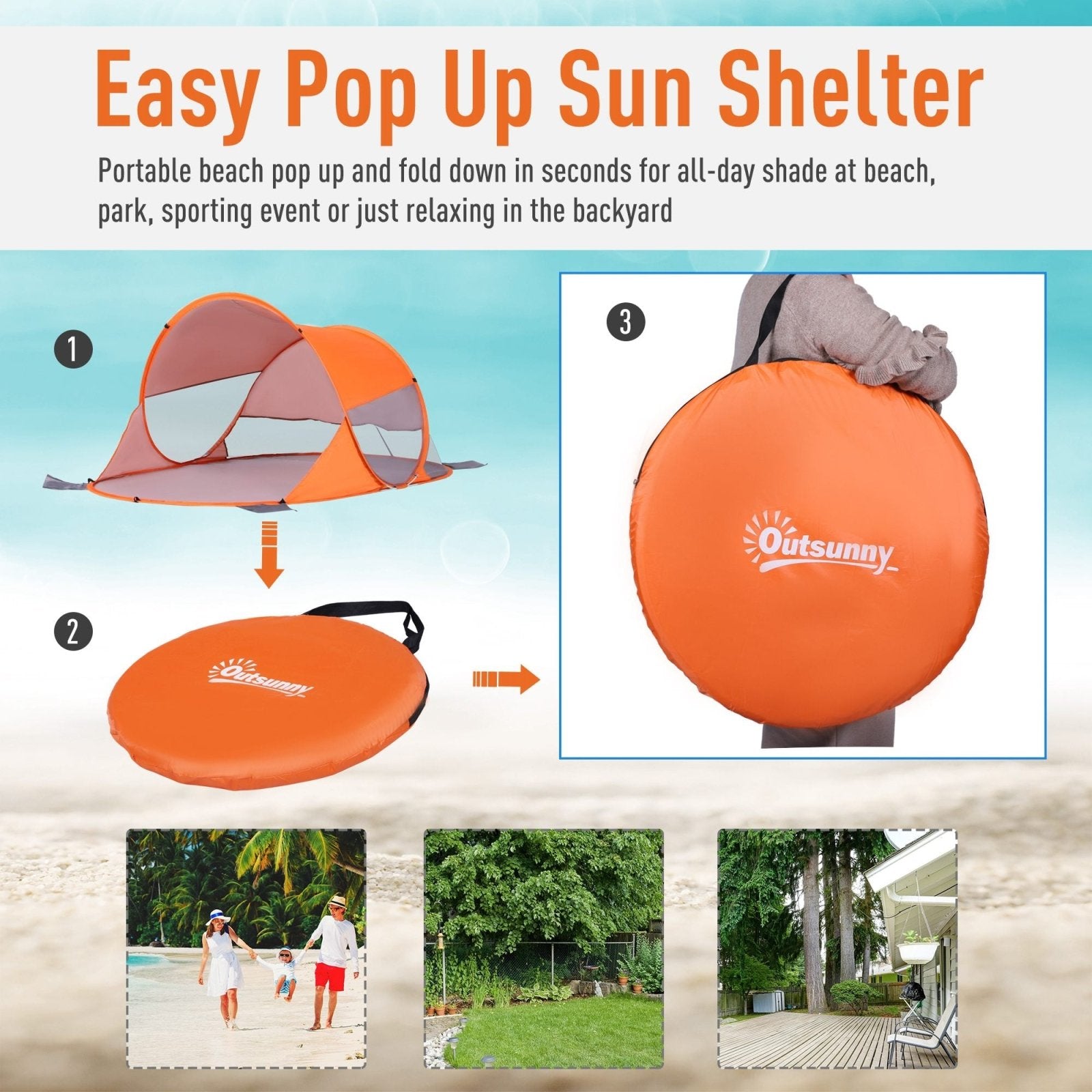 1-2 Person Automatic Pop-Up Beach Tent with UV Protection - Orange-4