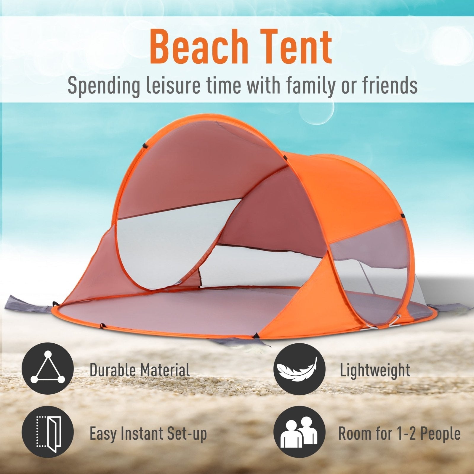 1-2 Person Automatic Pop-Up Beach Tent with UV Protection - Orange-3