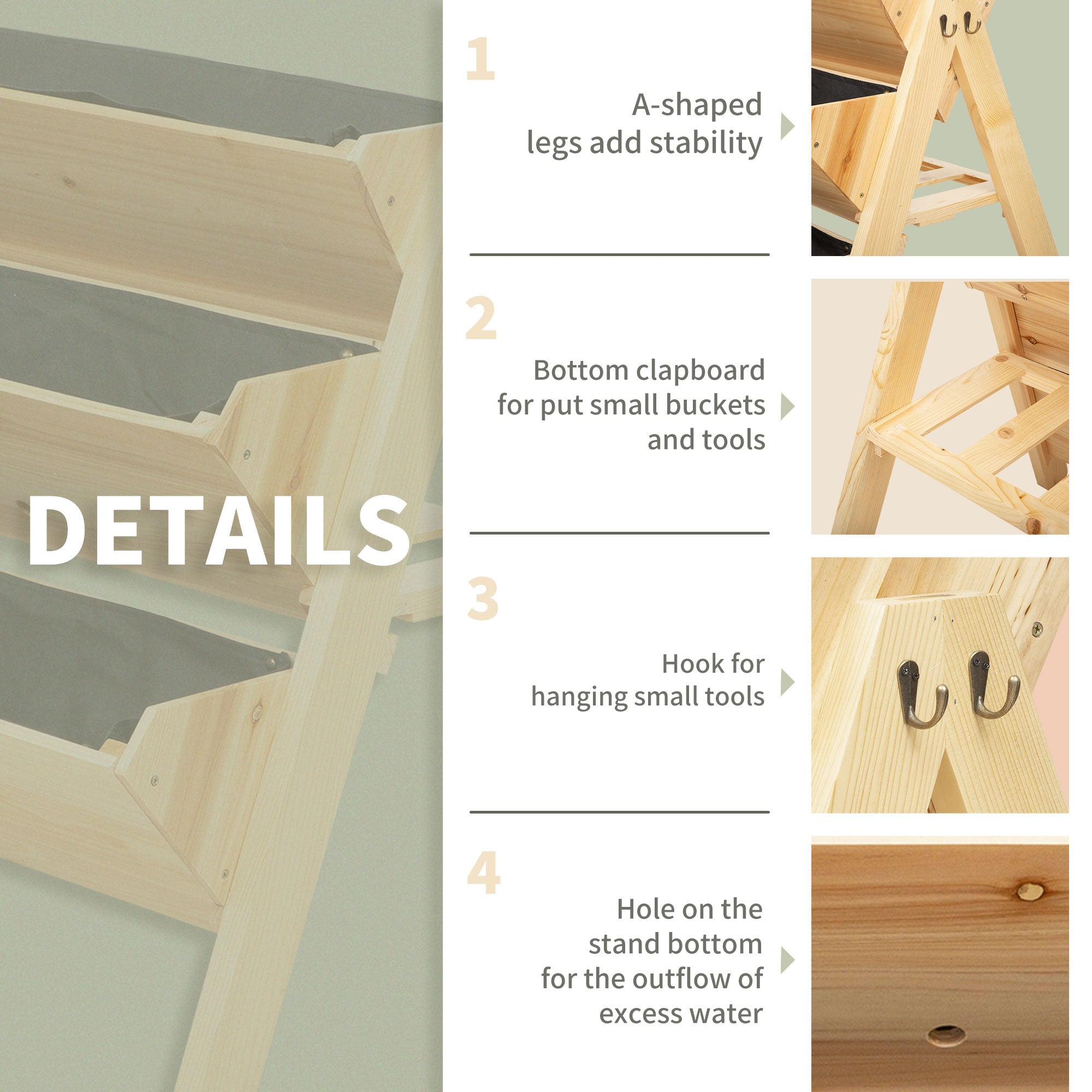 3 Tier Raised Beds for Garden, Wooden Planter Boxes with Clapboard and Hooks, 142L, 120 x 68 x 80cm-4