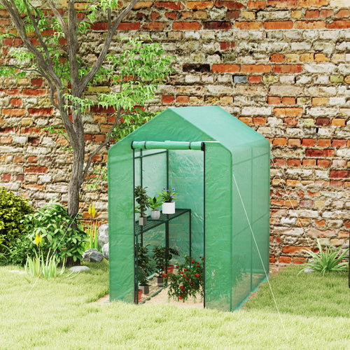 120 x 186cm Walk-In Greenhouse with Shelves - Green Steel Frame-1