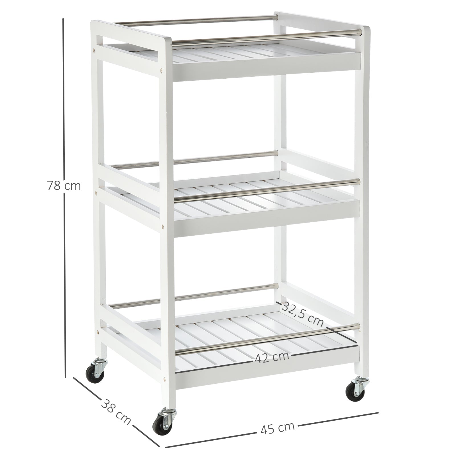 3-Tier Home Trolley Kitchen Storage w/ Steel Bars 4 Wheels Rolling Unit Organiser Living Room White-2