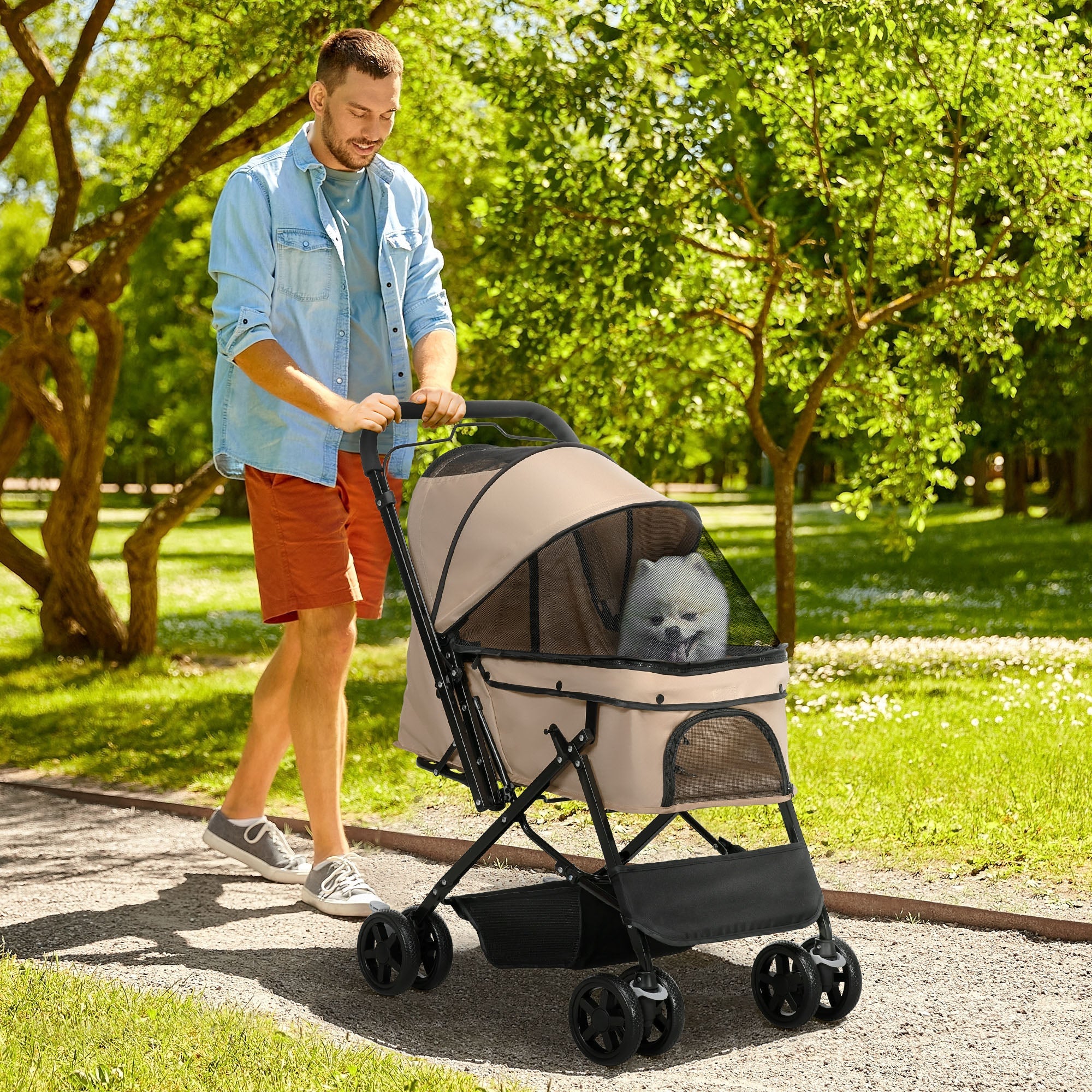 Pet Stroller Pushchair Foldable Travel Dog Cat Carriage w/ Reversible Handle Brake Basket-1