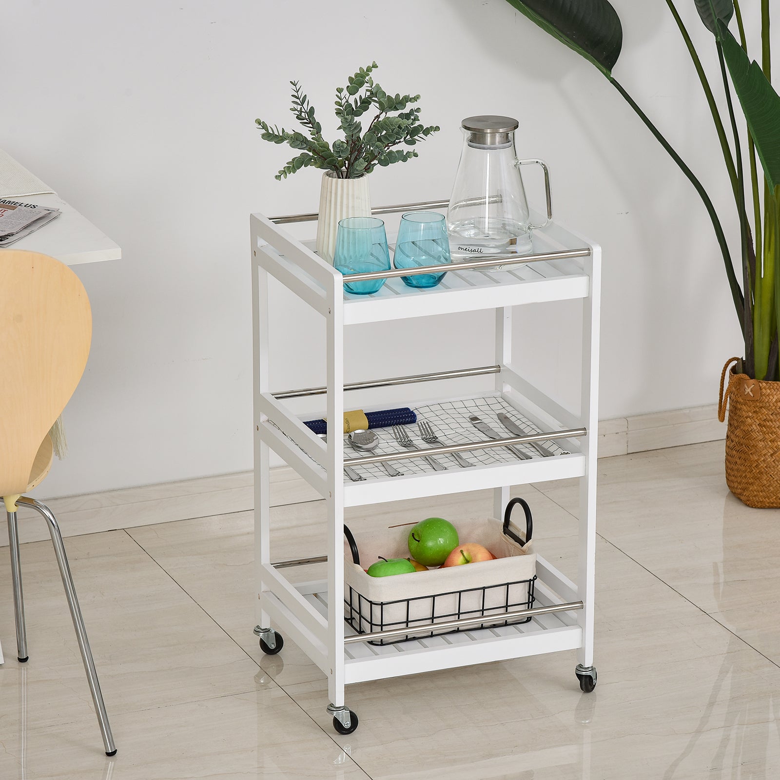 3-Tier Home Trolley Kitchen Storage w/ Steel Bars 4 Wheels Rolling Unit Organiser Living Room White-1