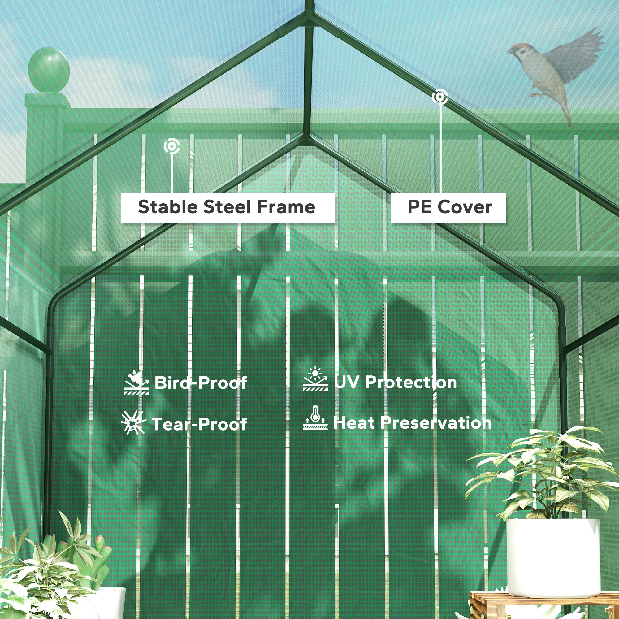 120 x 186cm Walk-In Greenhouse with Shelves - Green Steel Frame-3