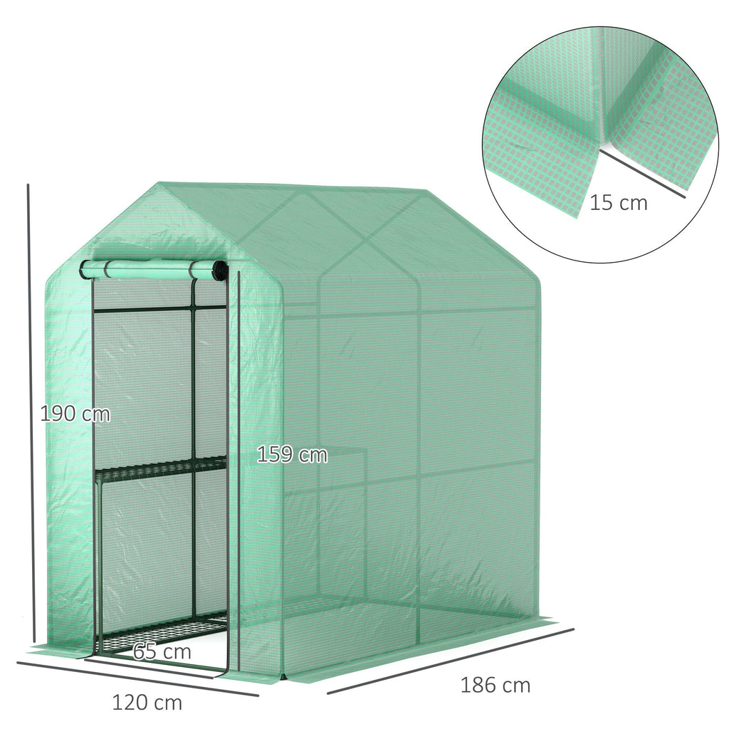 120 x 186cm Walk-In Greenhouse with Shelves - Green Steel Frame-2