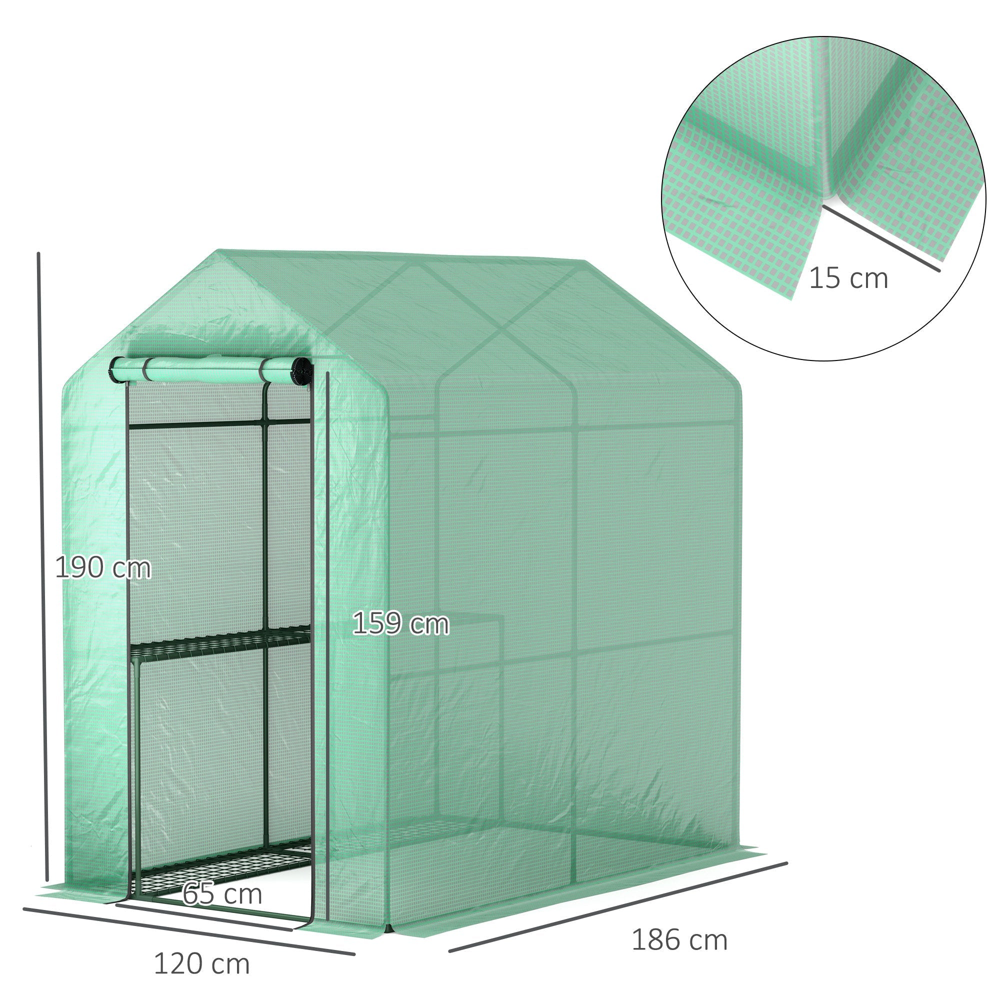 120 x 186cm Walk-In Greenhouse with Shelves - Green Steel Frame-2