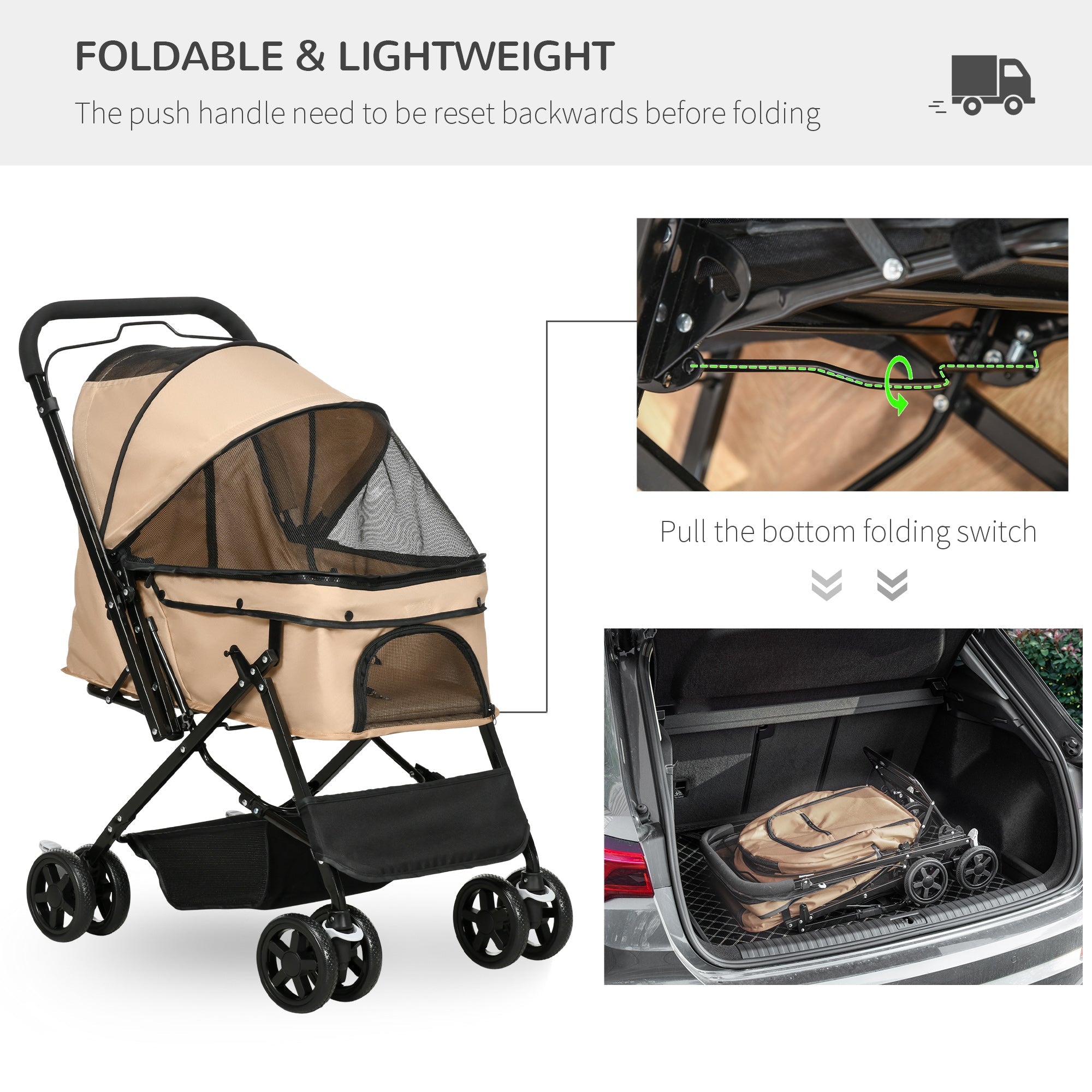 Pet Stroller Pushchair Foldable Travel Dog Cat Carriage w/ Reversible Handle Brake Basket-4