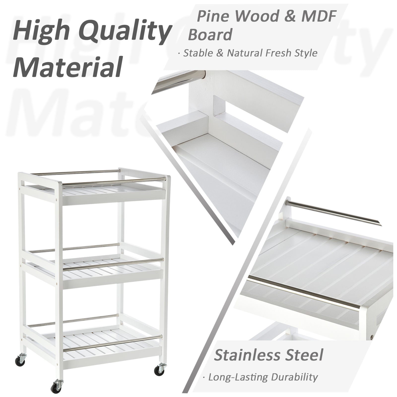 3-Tier Home Trolley Kitchen Storage w/ Steel Bars 4 Wheels Rolling Unit Organiser Living Room White-3