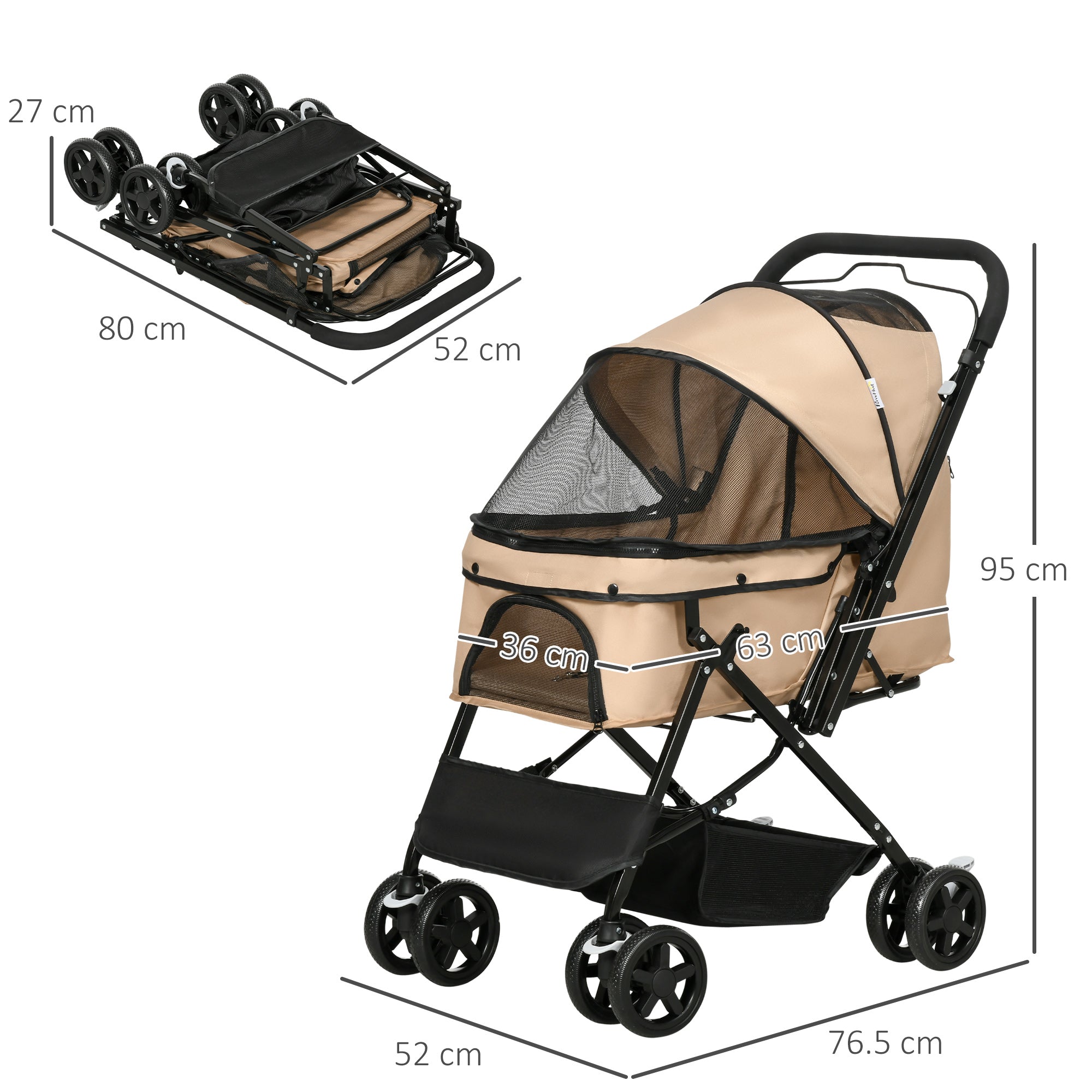 Pet Stroller Pushchair Foldable Travel Dog Cat Carriage w/ Reversible Handle Brake Basket-2