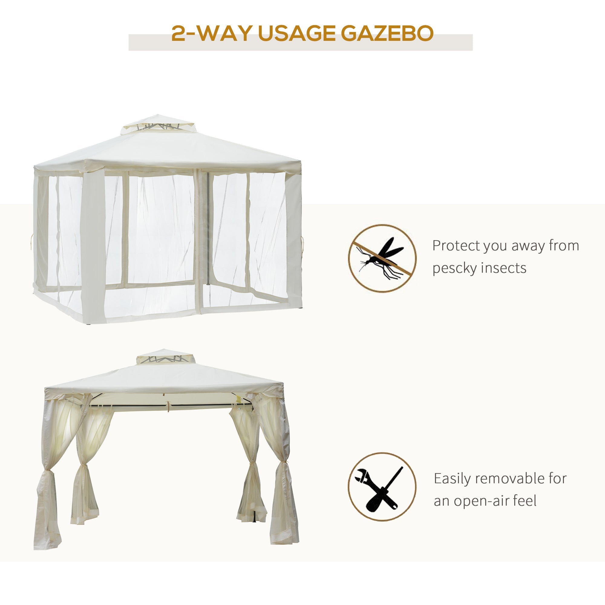 3 x 3 Meter Metal Gazebo with Netting - Cream White Outdoor Shelter-3