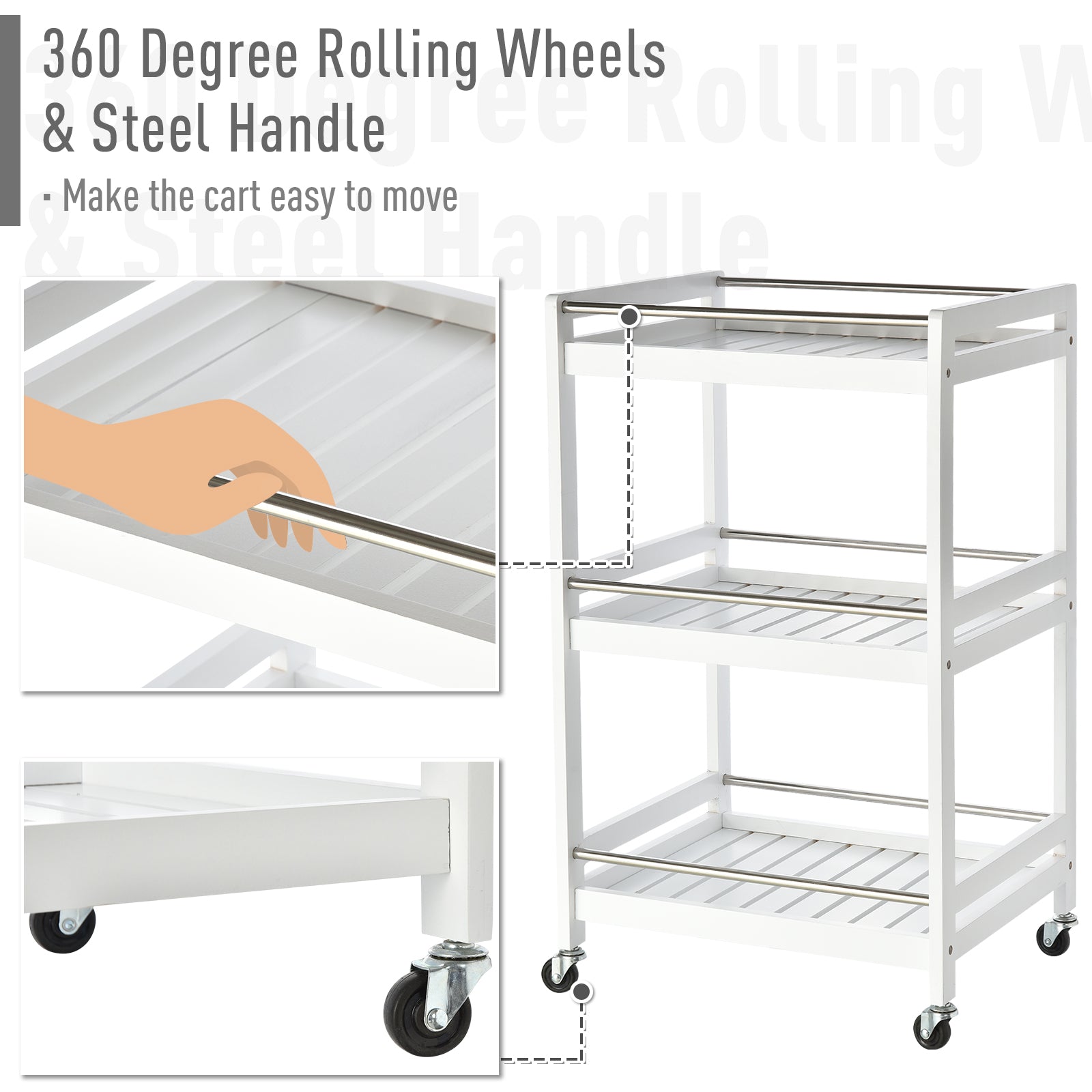 3-Tier Home Trolley Kitchen Storage w/ Steel Bars 4 Wheels Rolling Unit Organiser Living Room White-4