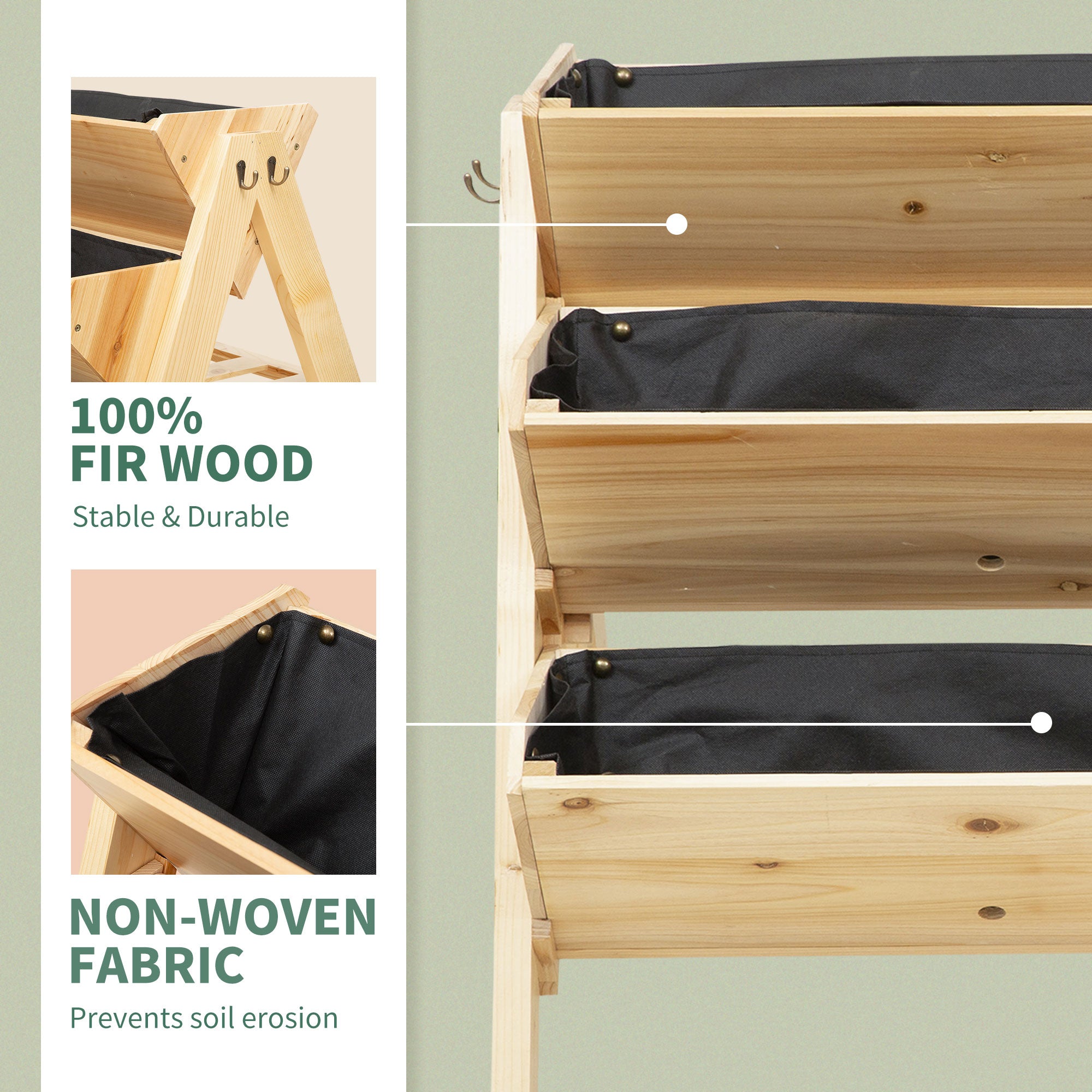 3 Tier Raised Beds for Garden, Wooden Planter Boxes with Clapboard and Hooks, 142L, 120 x 68 x 80cm-3