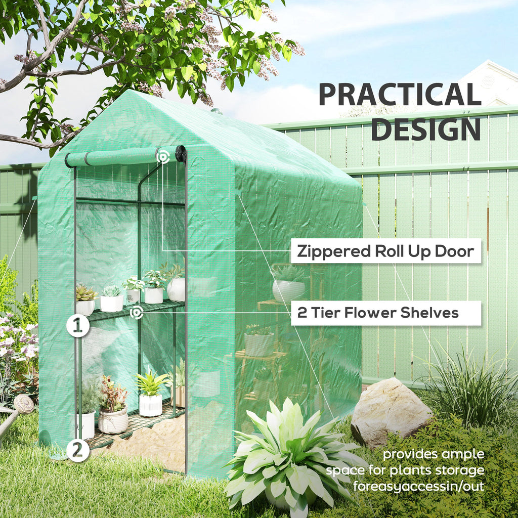 120 x 186cm Walk-In Greenhouse with Shelves - Green Steel Frame-4