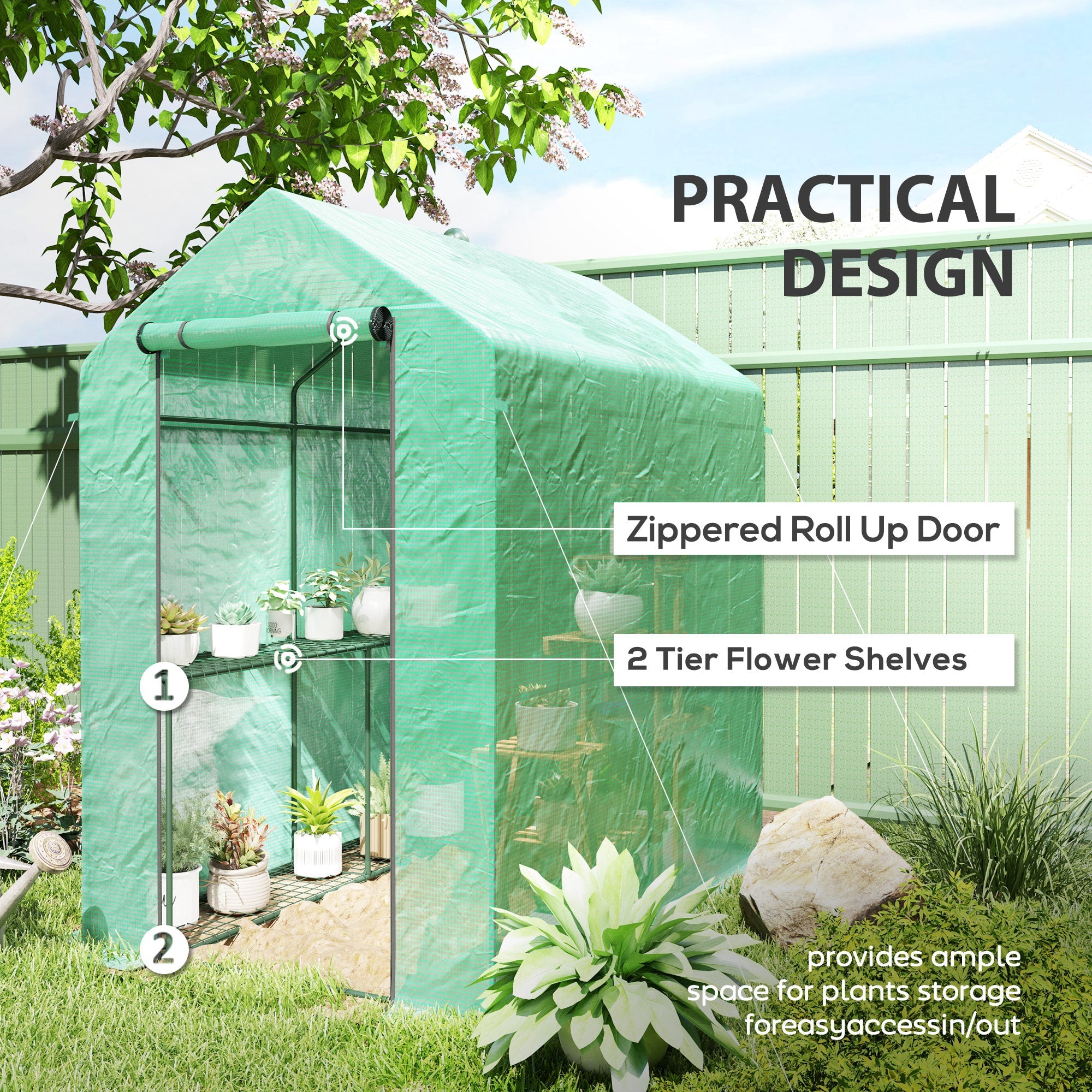 120 x 186cm Walk-In Greenhouse with Shelves - Green Steel Frame-4