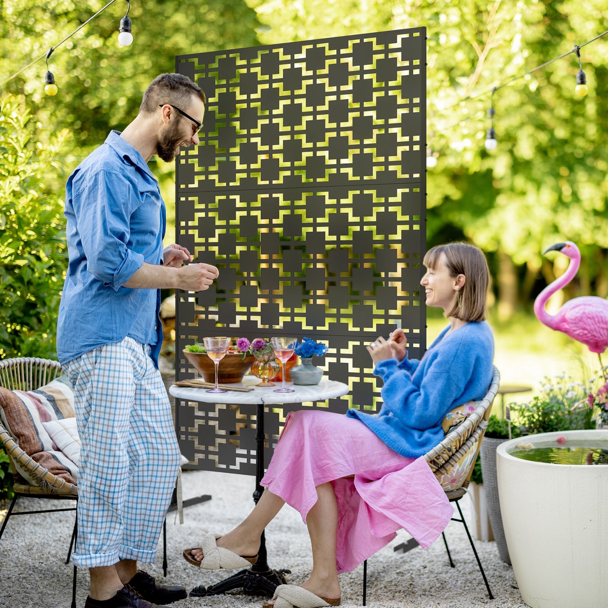 Metal Decorative Privacy Screen Outdoor Divider, Black Grid-1